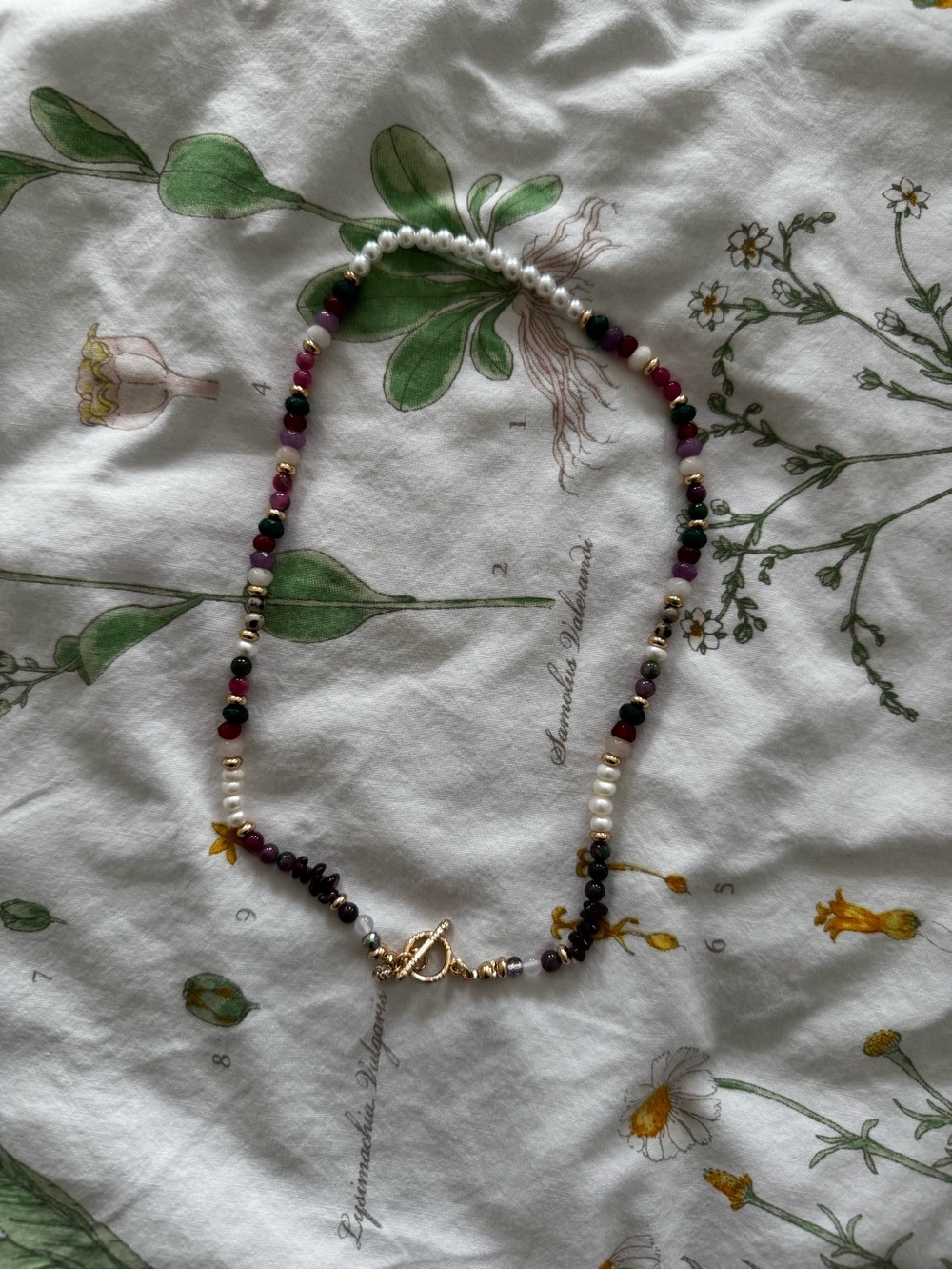 Multicolor Beaded Necklace with Pearls and Gold Toggle